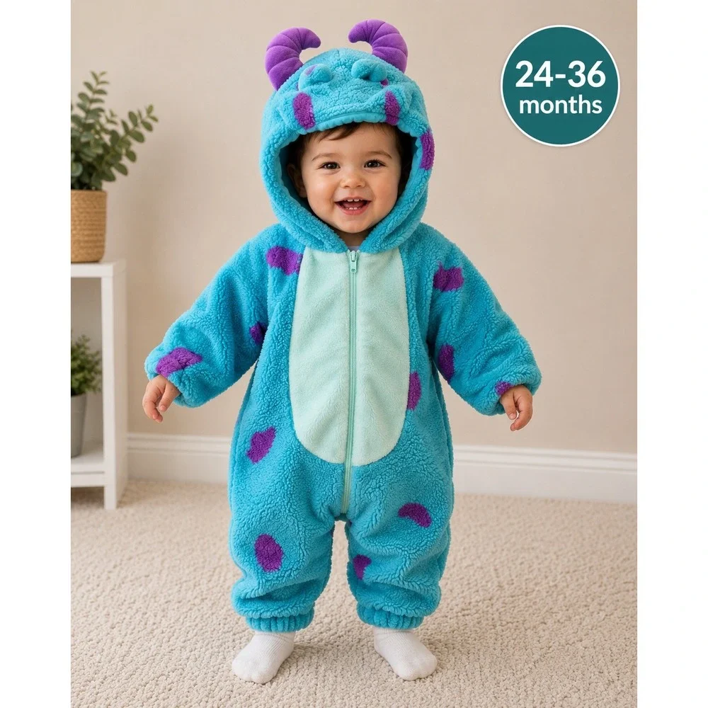 Disney Sulley Costume Romper Kids 24-36 Months Blue Purple Sherpa Fleece Hooded